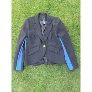 Smythe Black One Button Blazer Blue Stripe Accent Gold Button Size 14